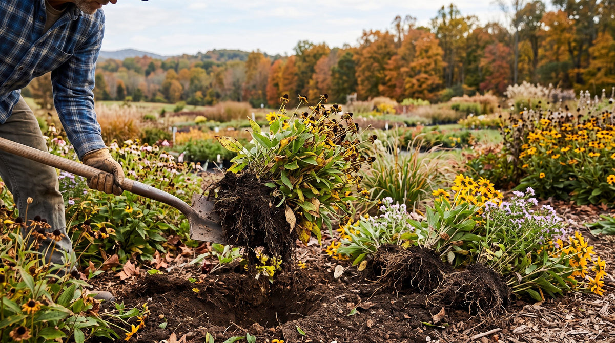 A spade lifting a clump of native perennials from a garden bed in autumn, with divided clumps resting beside the hole.