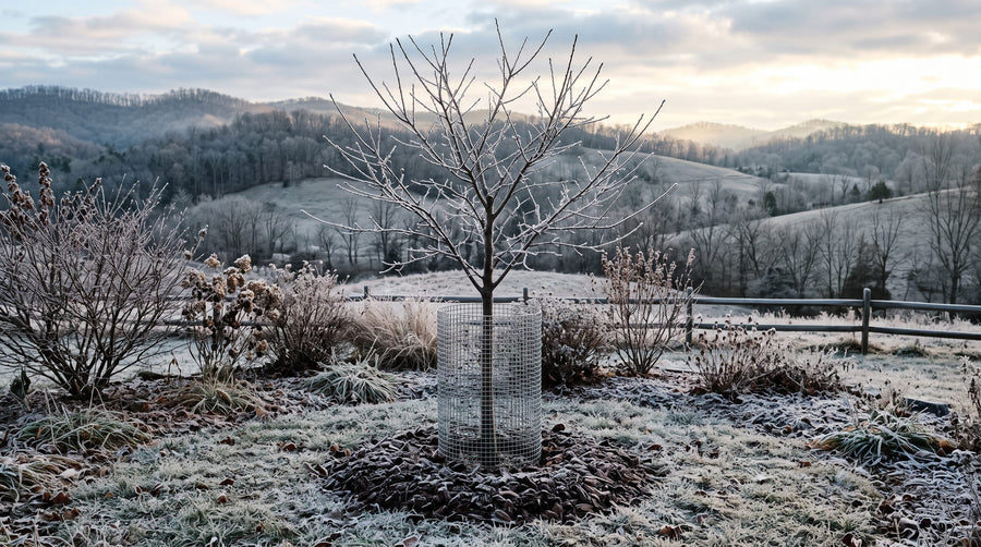 A young bare tree in a frosty winter garden with a wire mesh trunk guard and a ring of wood mulch around its base.