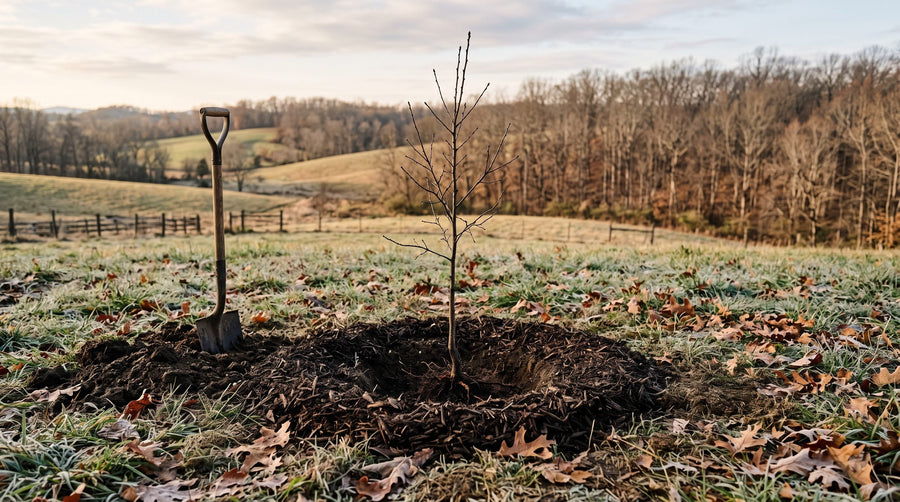 A young dormant tree newly planted in late fall, with a ring of wood mulch around it, a spade in the soil and frost on the grass