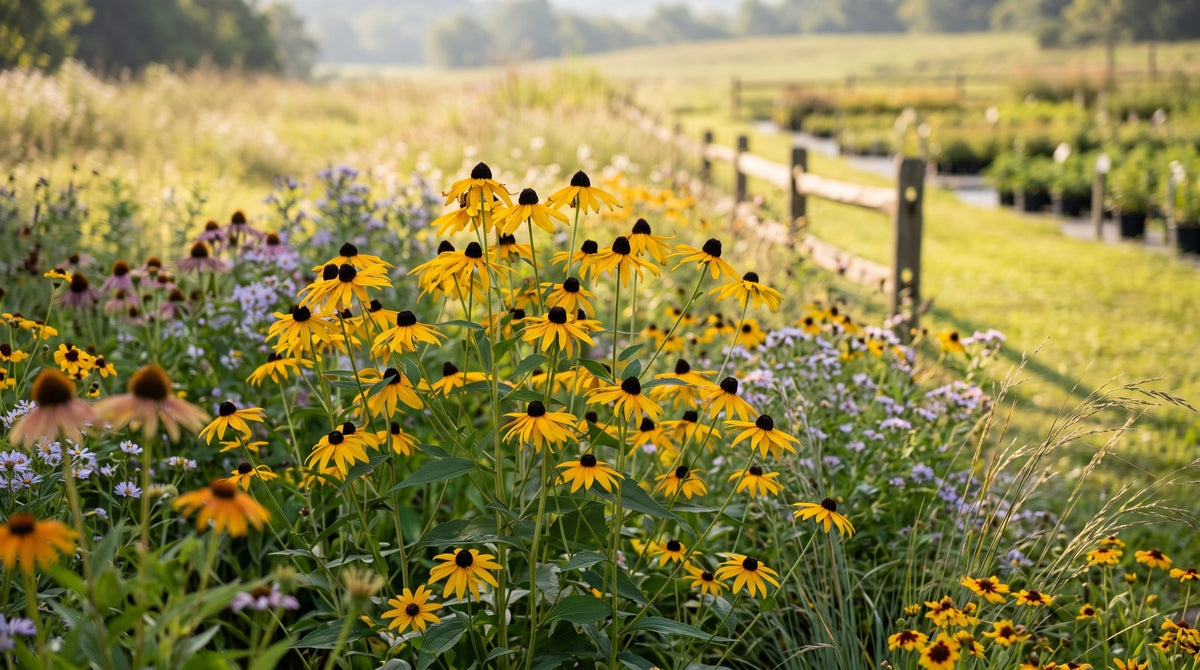 Black-eyed Susan in bloom, yellow petals and dark centers, in a sunny native meadow garden in early fall